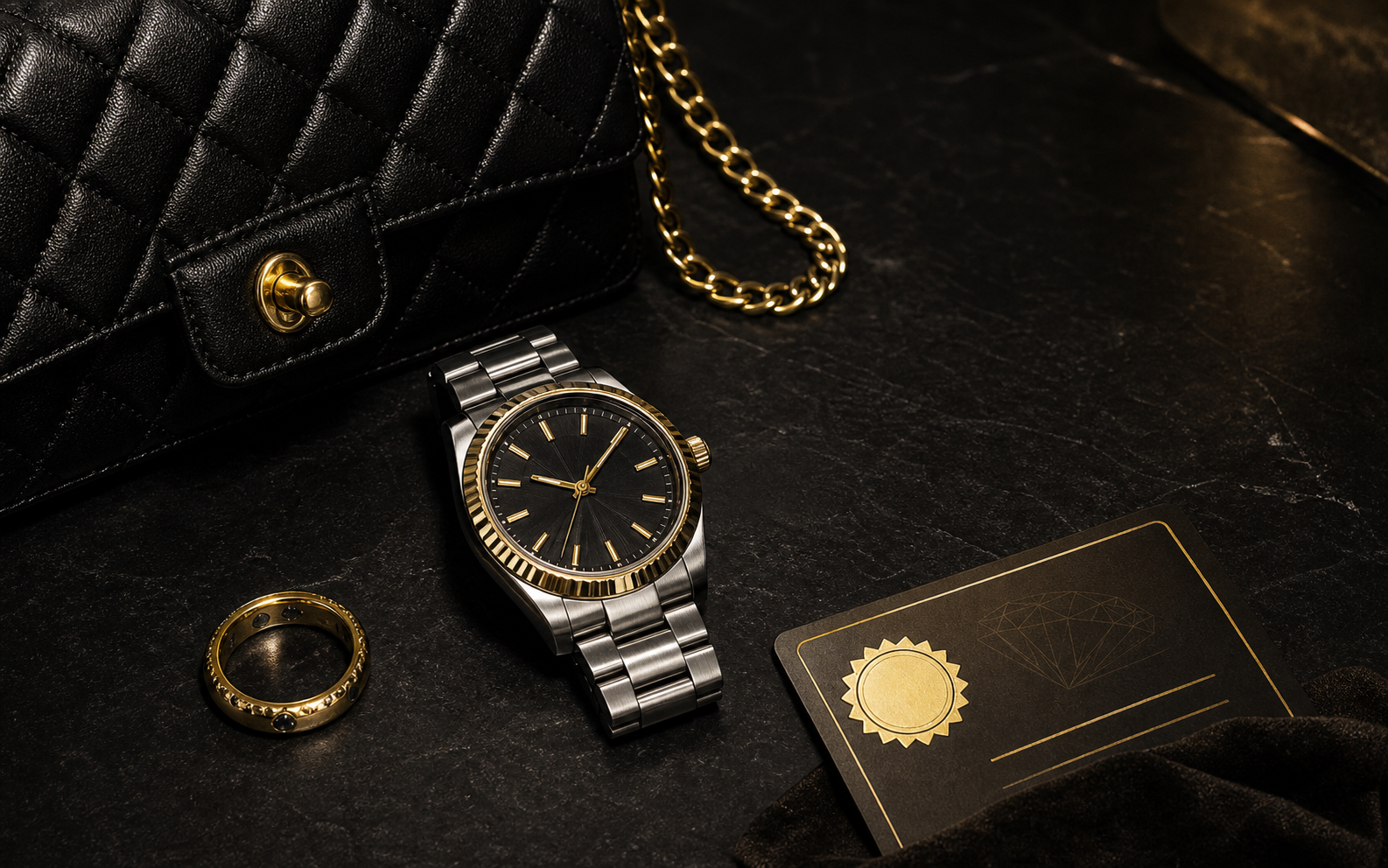 Luxury resale appraisal example with bag, watch, jewelry, and certificate